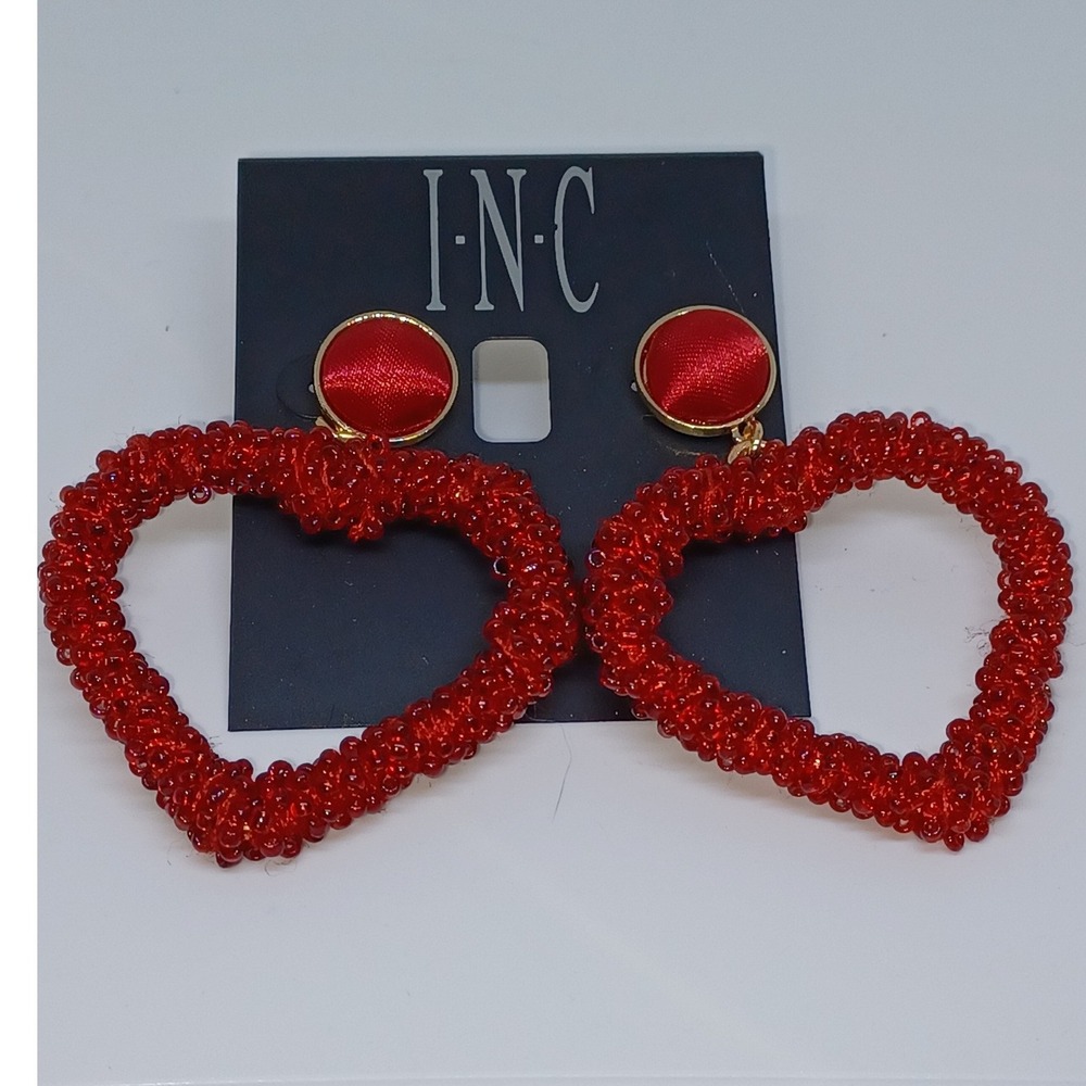 INC Red Beaded Heart Drop Earrings Dangle Statement Fashion Jewelry New with Tag